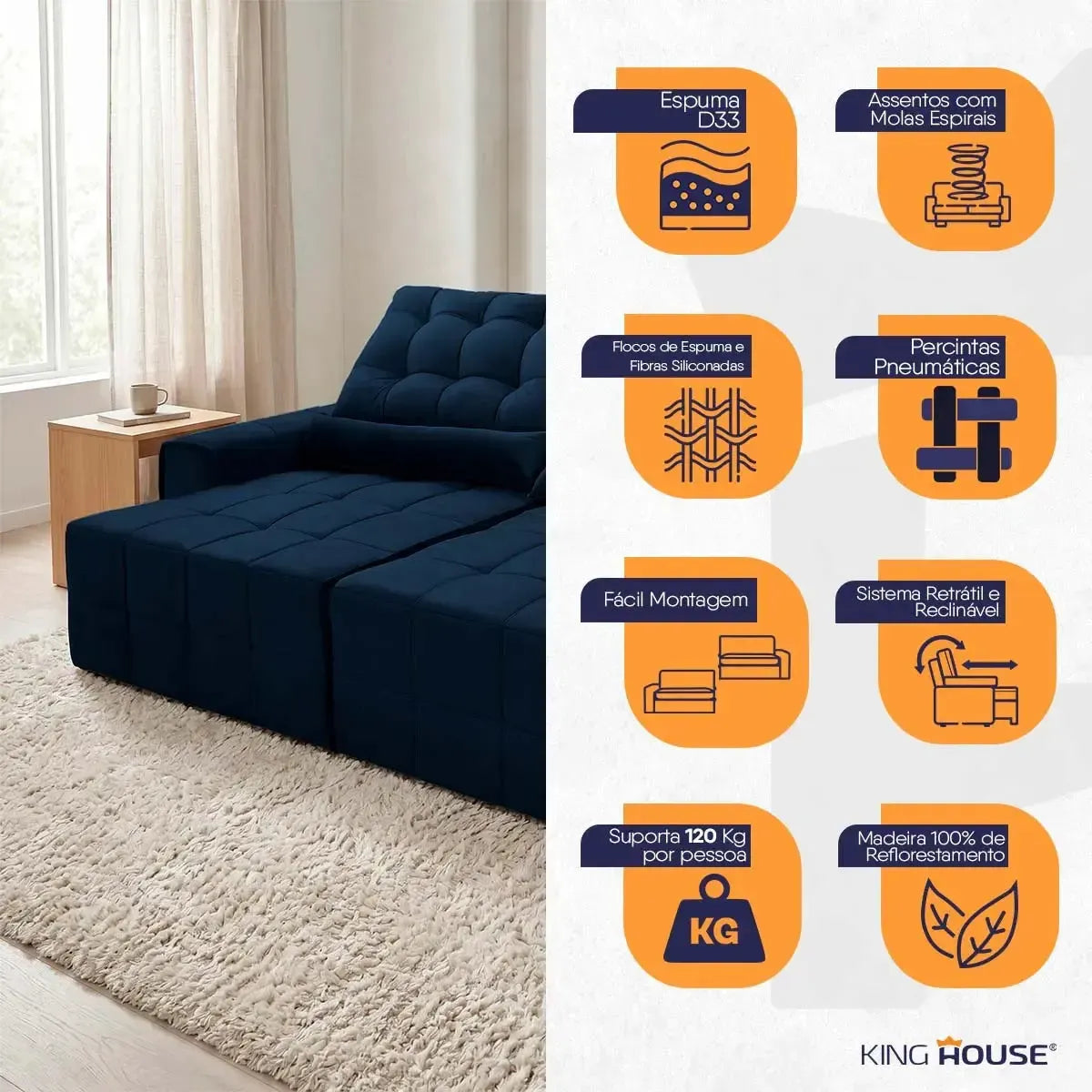 Sofá retrátil reclinável Alaska azul marinho em suede velut com molas no assento e espuma D33.