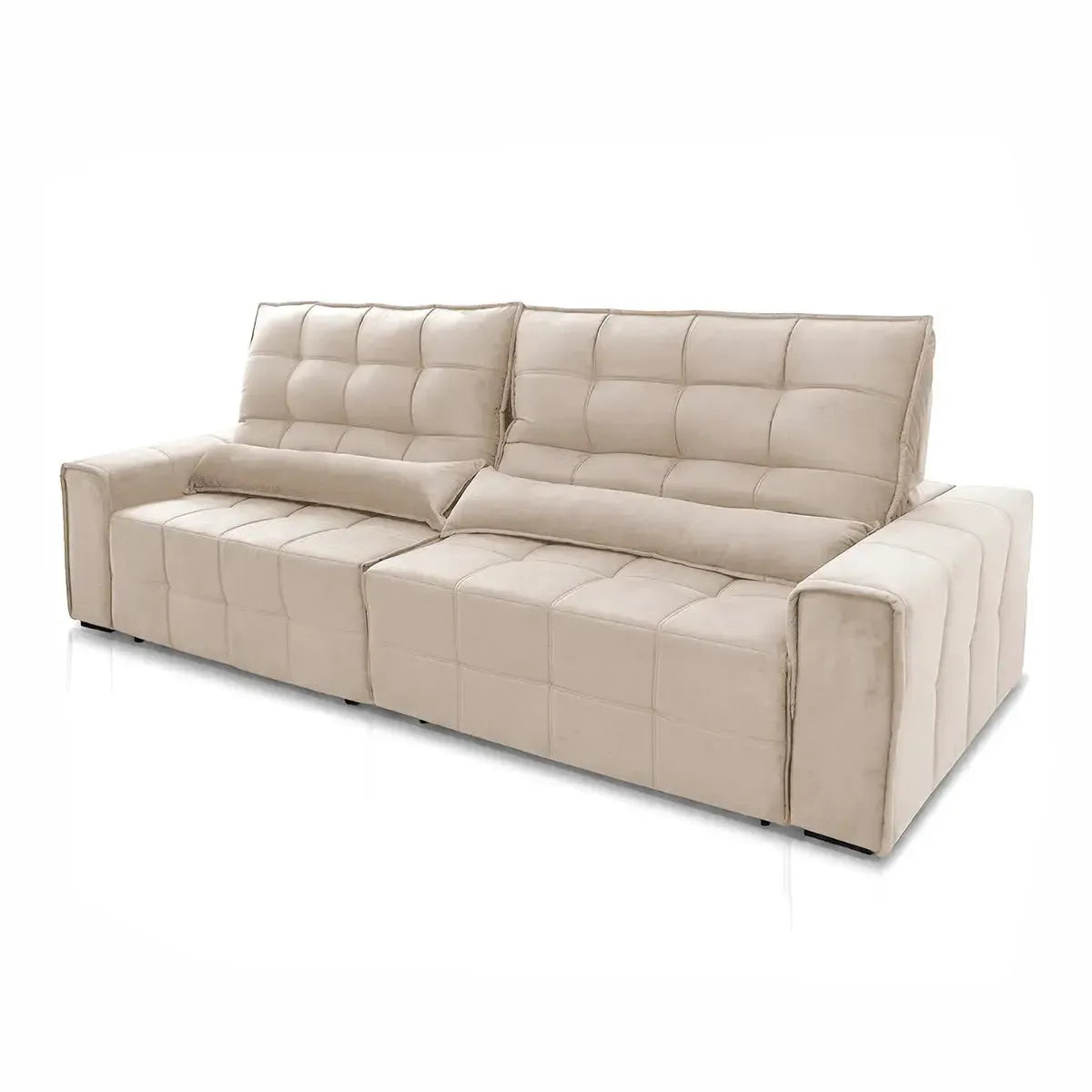 Sofá retrátil reclinável Alaska bege em suede velut com assento de molas e design moderno.
