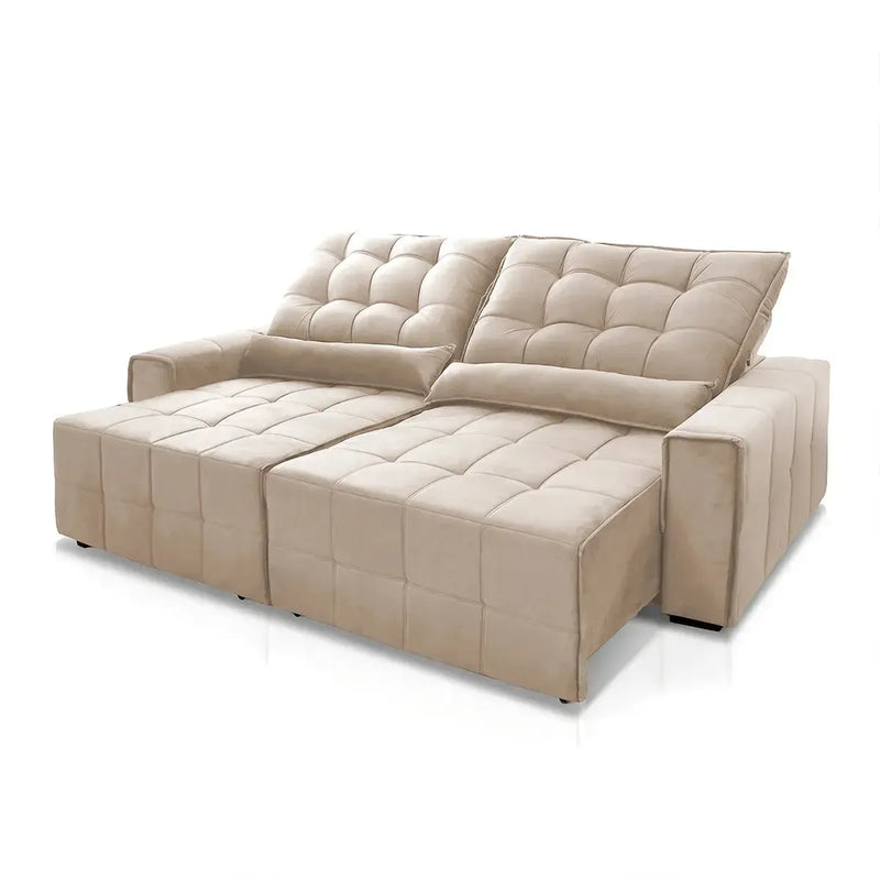 Sofá retrátil reclinável Alaska bege em suede velut com molas, assento estendido e encosto ajustado.