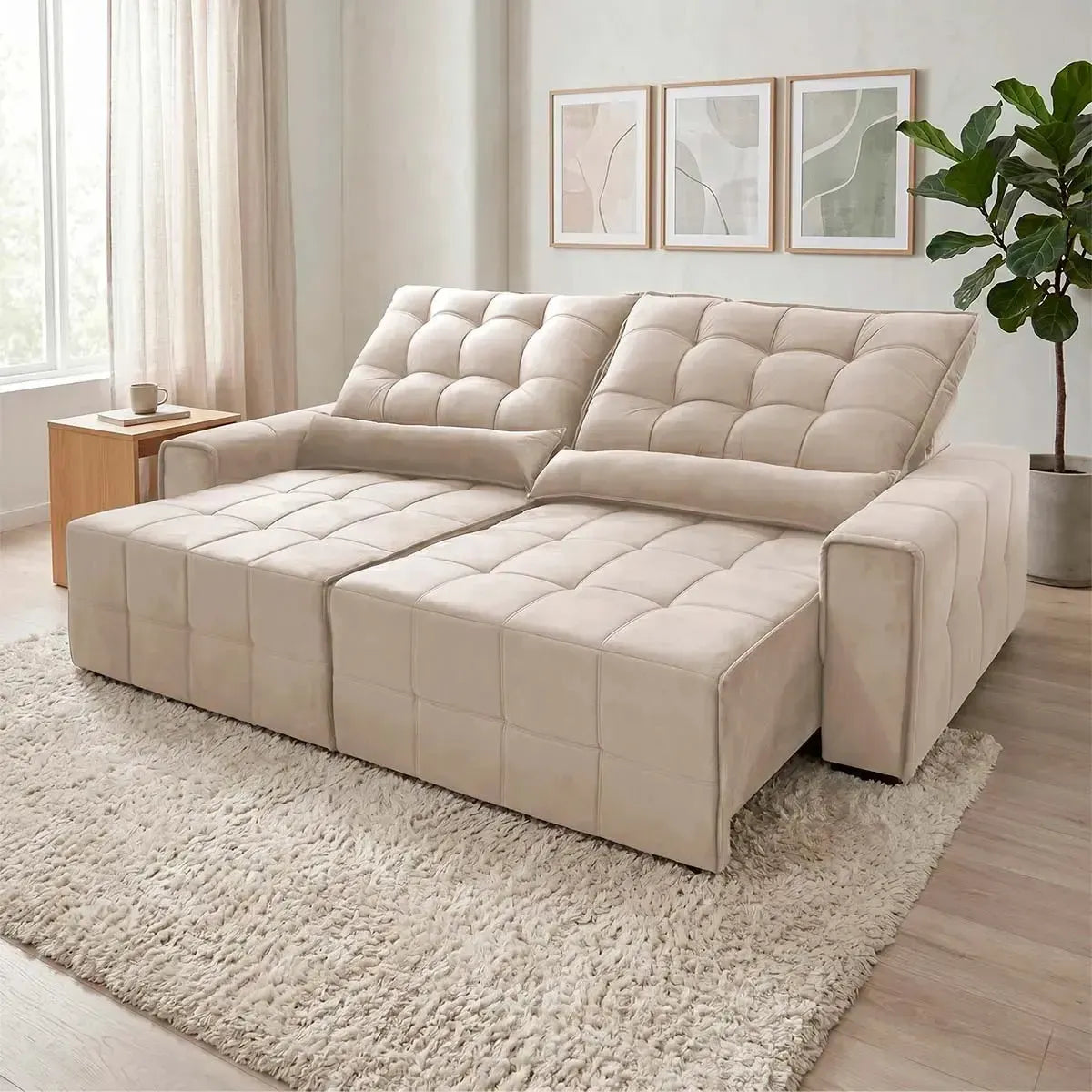Sofá retrátil reclinável Alaska bege em suede velut com molas, assento estendido.