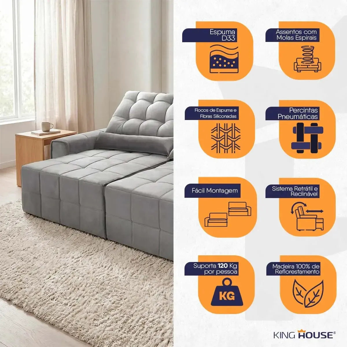 Sofá retrátil reclinável Alaska cinza suede velut 2,10m com molas no assento e espuma D33.