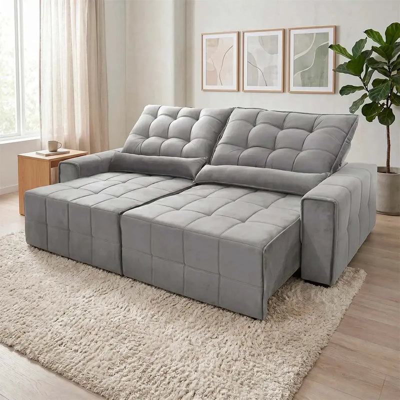 Sofá retrátil reclinável Alaska cinza de suede velut com molas no assento, em sala moderna.