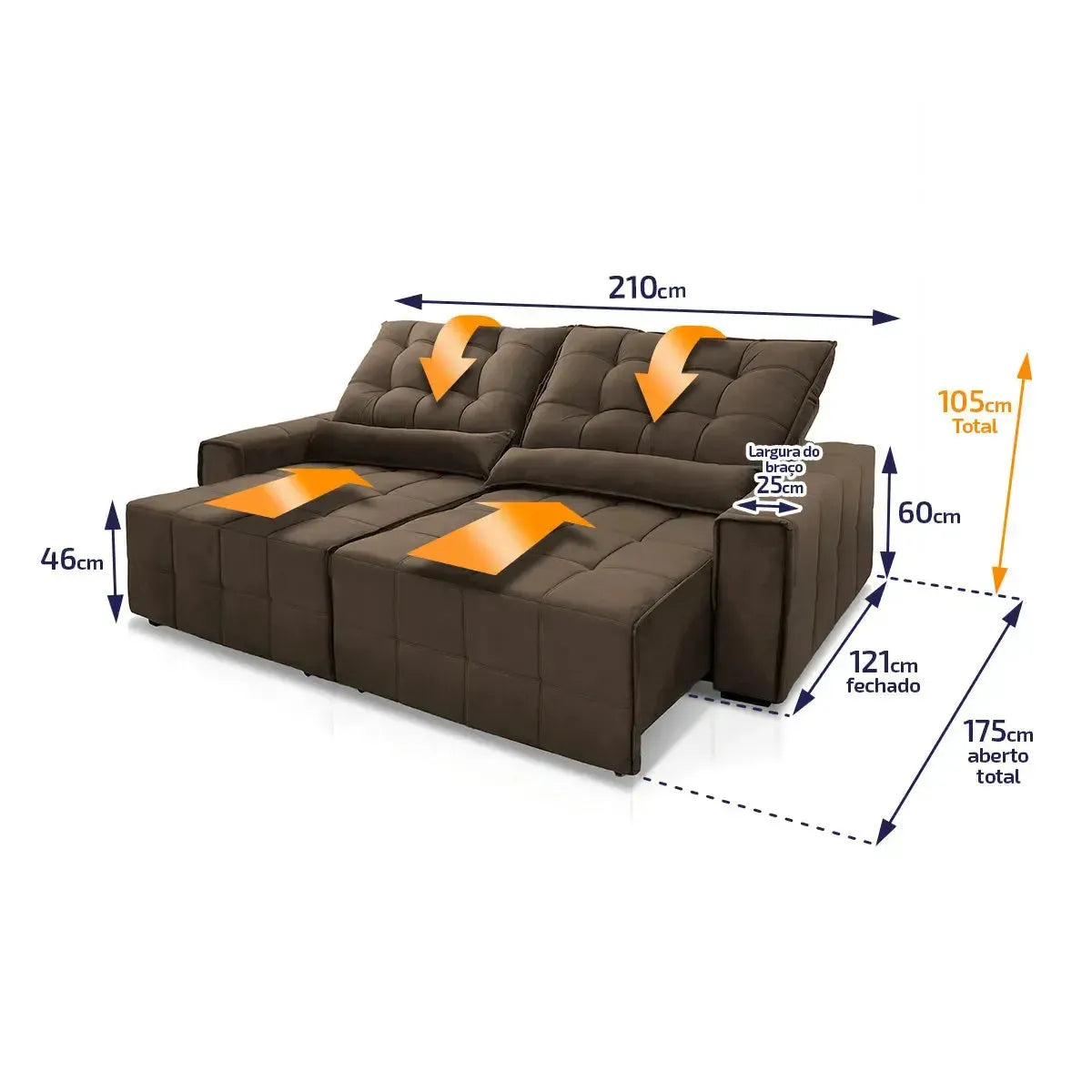 Sofá retrátil reclinável Alaska 2,10m em suede velut marrom com molas no assento, medidas detalhadas.