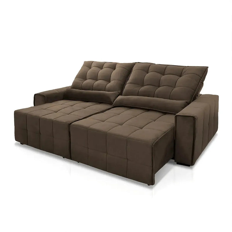 Sofá retrátil reclinável Alaska 2,10m em suede velut marrom com molas no assento.
