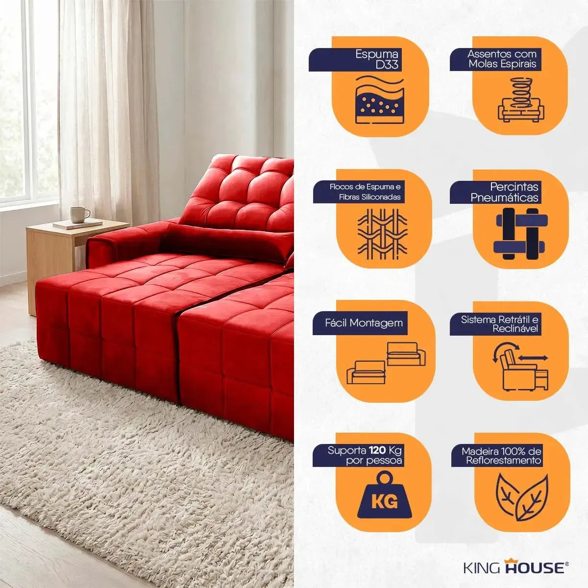 Sofá retrátil reclinável Alaska vermelho em suede velut com molas no assento e espuma D33.