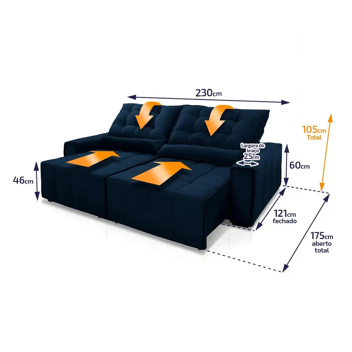Sofá retrátil reclinável Alaska 2,30m em suede velut azul marinho com molas no assento.