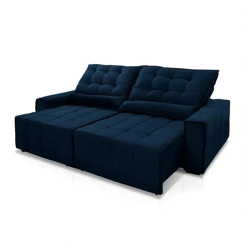 Sofá retrátil reclinável Alaska 2,30m em suede velut azul marinho, com molas no assento.