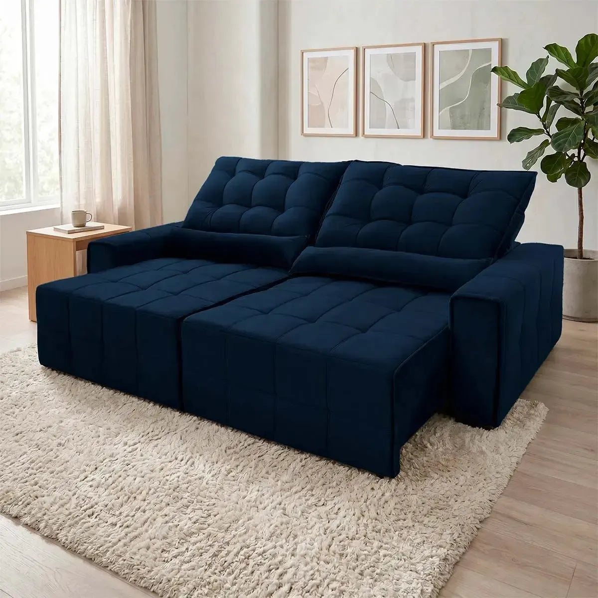 Sofá retrátil reclinável Alaska 2,30m em suede velut azul marinho com molas no assento.