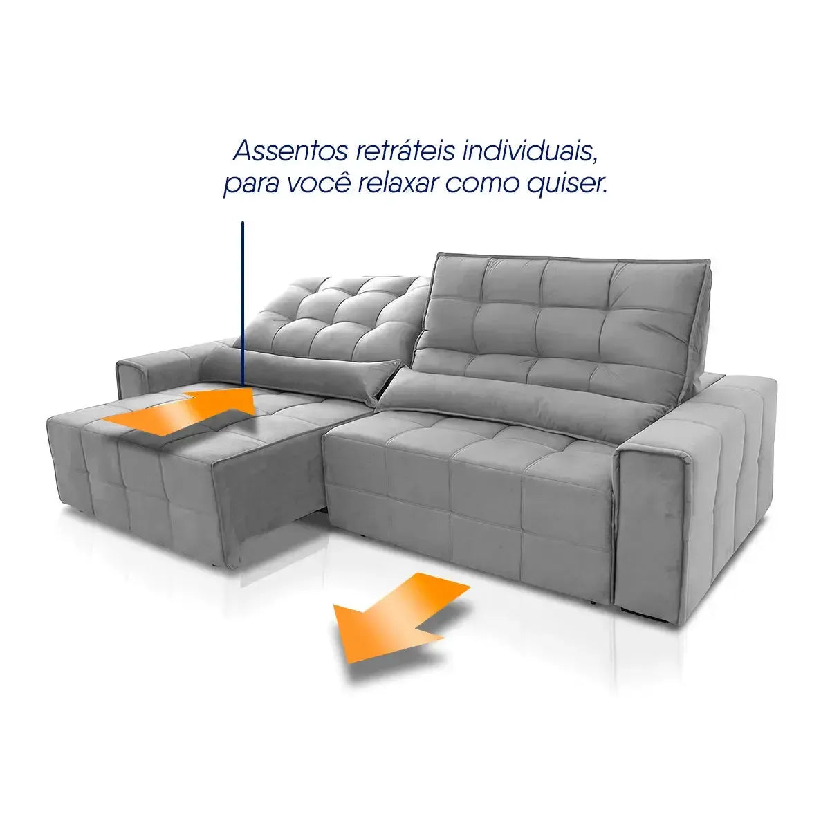 Sofá retrátil reclinável Alaska cinza suede velut com assentos individuais e molas.
