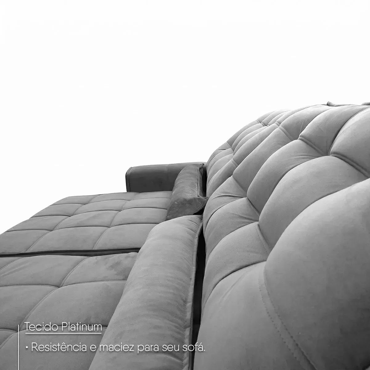 Sofá retrátil reclinável Alaska cinza de suede velut com assento de molas e encosto capitonê.