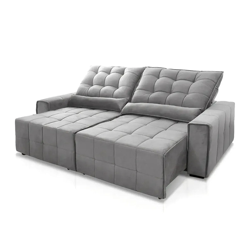 Sofá retrátil reclinável Alaska 2,30m em Suede Velut cinza com molas no assento.