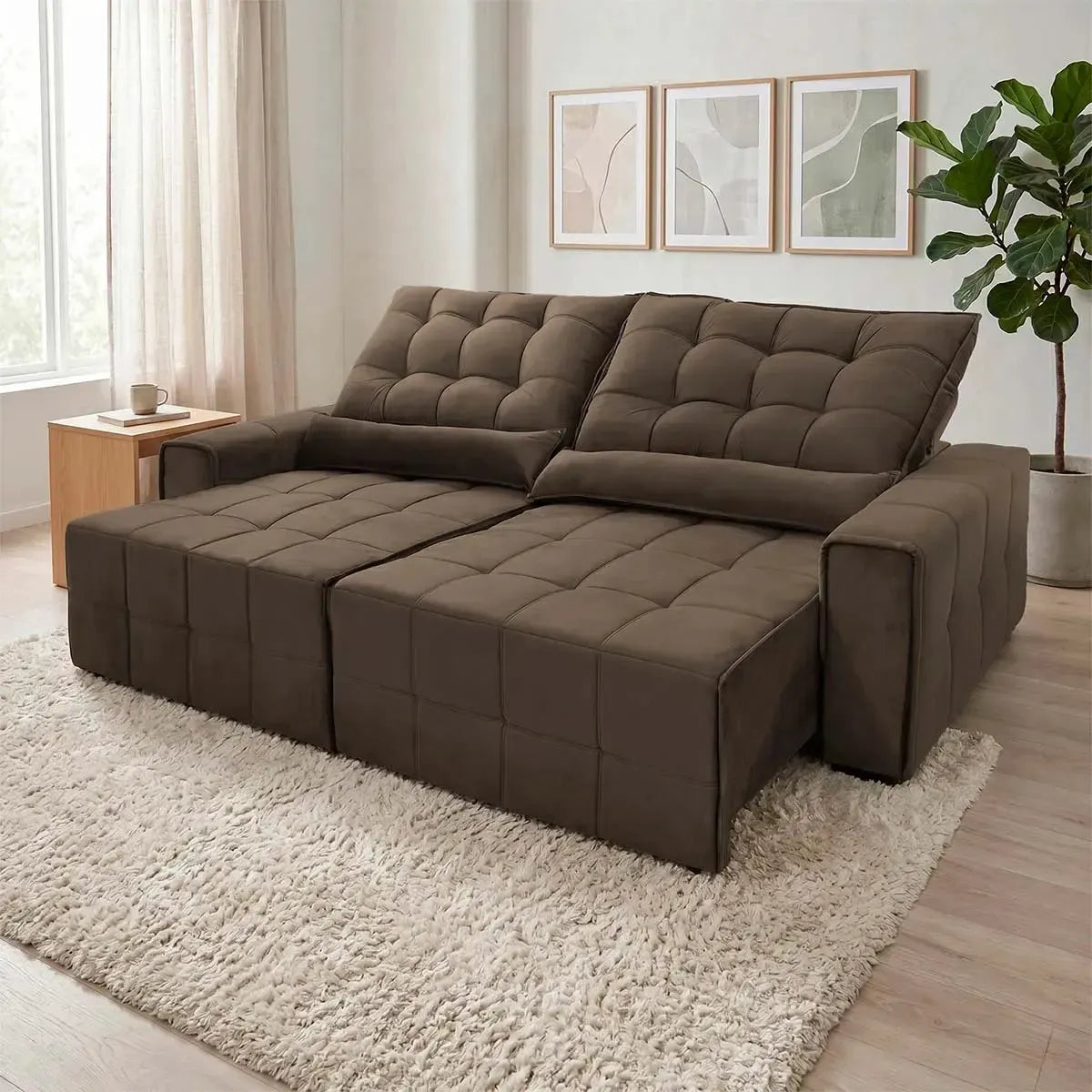 Sofá retrátil reclinável Alaska 2,30m em suede velut marrom com molas no assento.