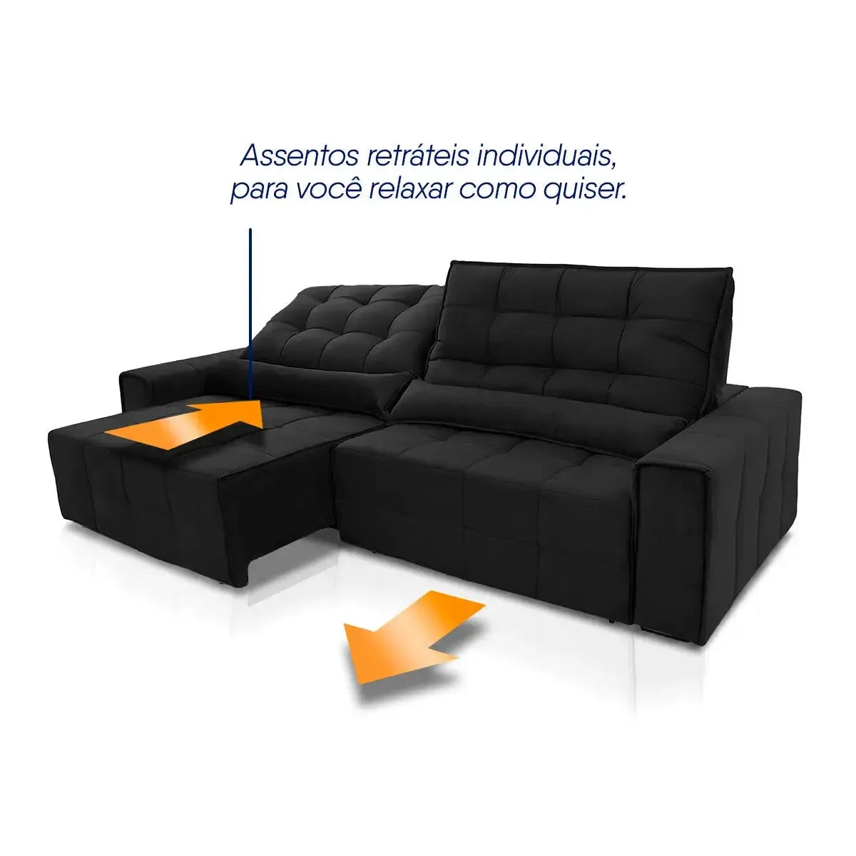 Sofá Retrátil Reclinável Alaska 2,30m Suede Velut Preto Molas no Assento