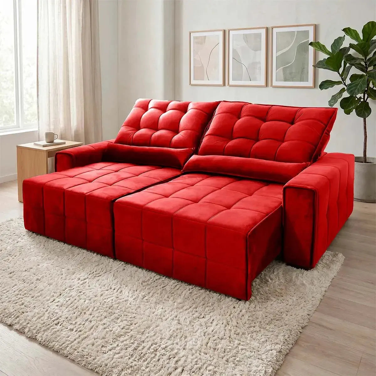 Sofá retrátil reclinável Alaska vermelho de suede velut com molas, assento estendido.