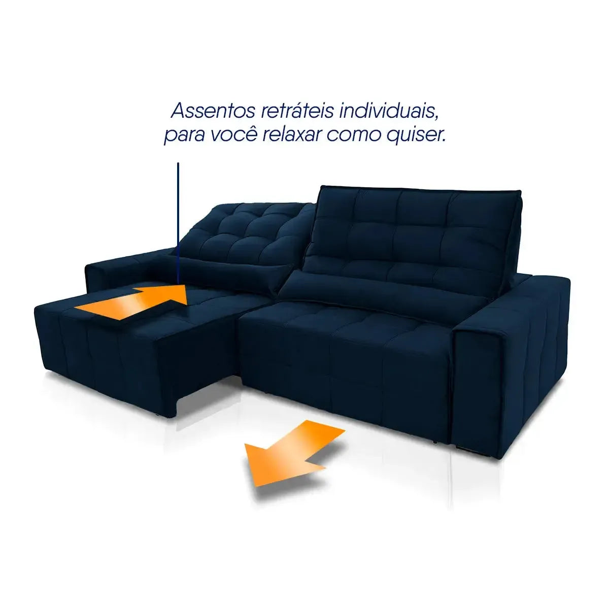 Sofá Retrátil Reclinável Alaska 2,70m Suede Velut Azul Marinho Molas no Assento