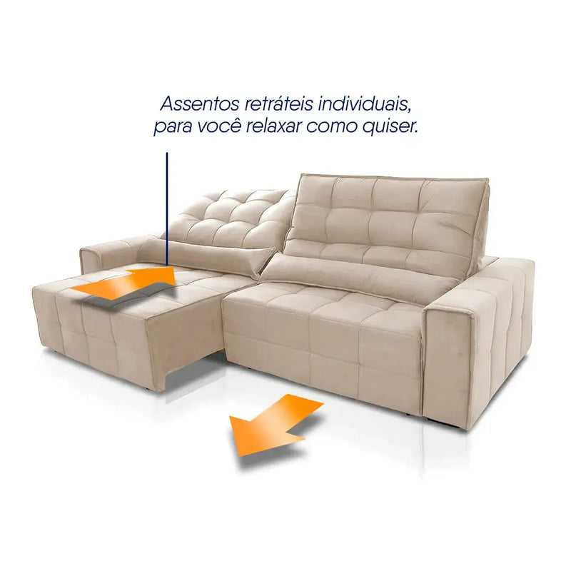 Sofá Retrátil Reclinável Alaska 2,70m Suede Velut Bege Molas no Assento
