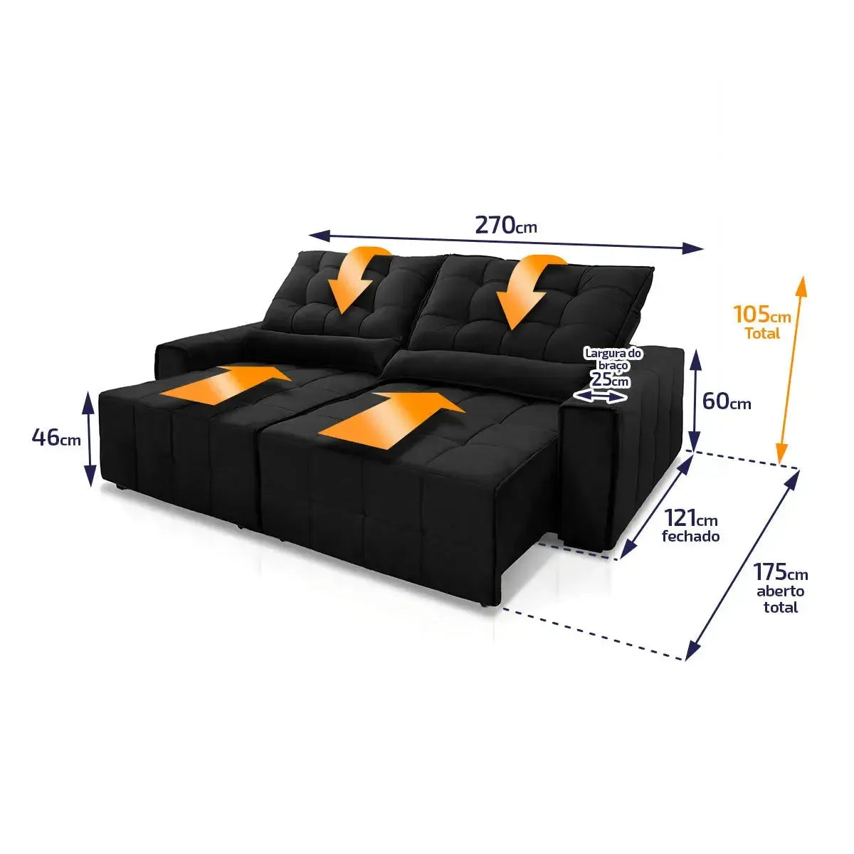 Sofá Retrátil Reclinável Alaska 2,70m Suede Velut Preto Molas no Assento