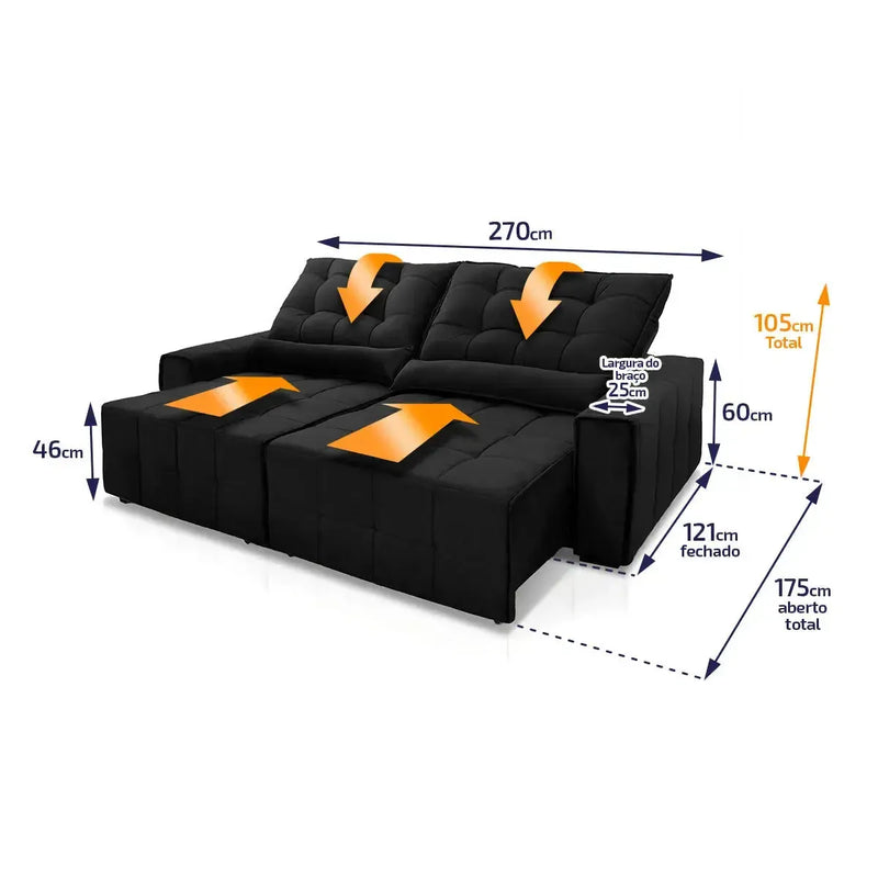 Sofá Retrátil Reclinável Alaska 2,70m Suede Velut Preto Molas no Assento