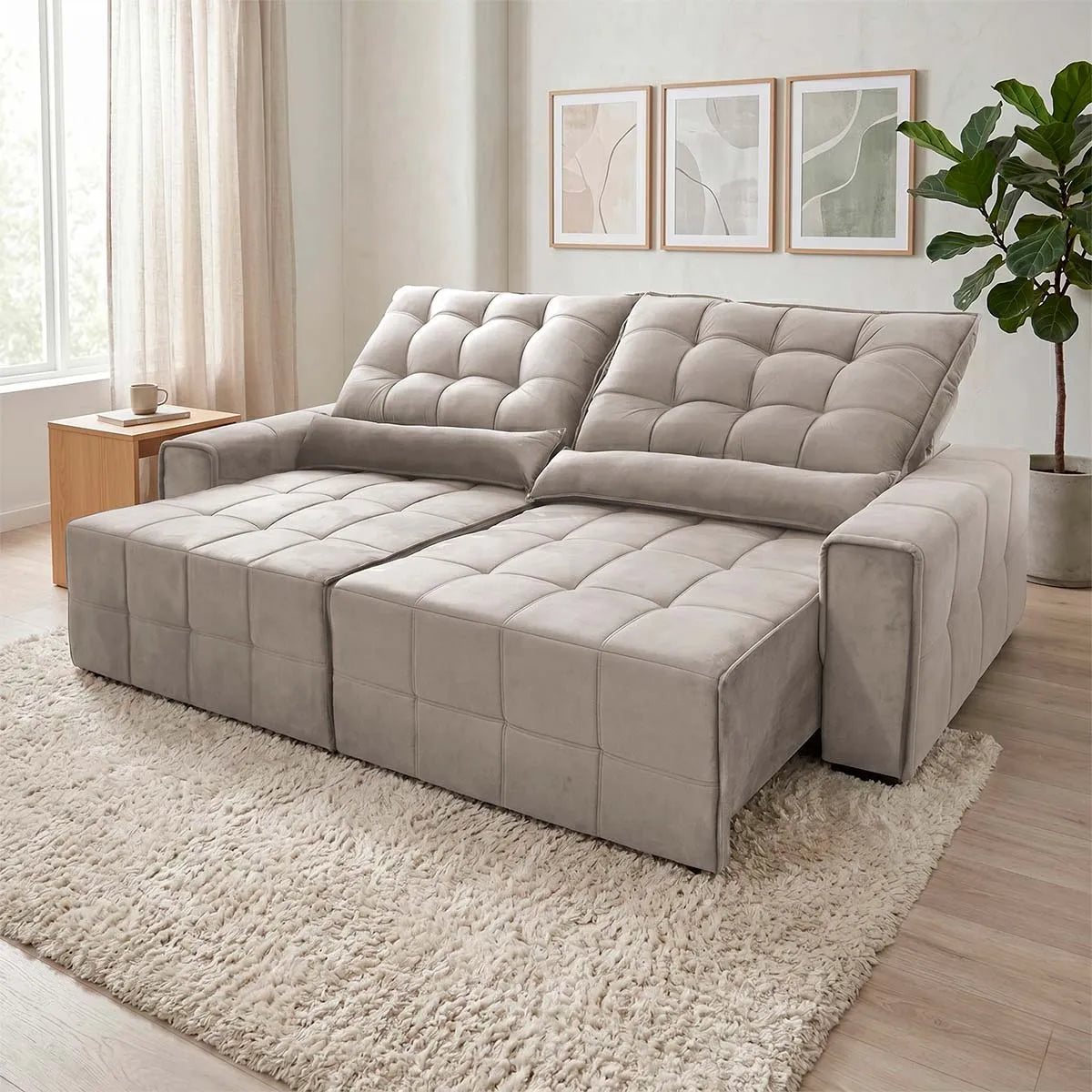Sofá Retrátil Reclinável Alaska 3,00m Suede Velut Tabaco Molas no Assento