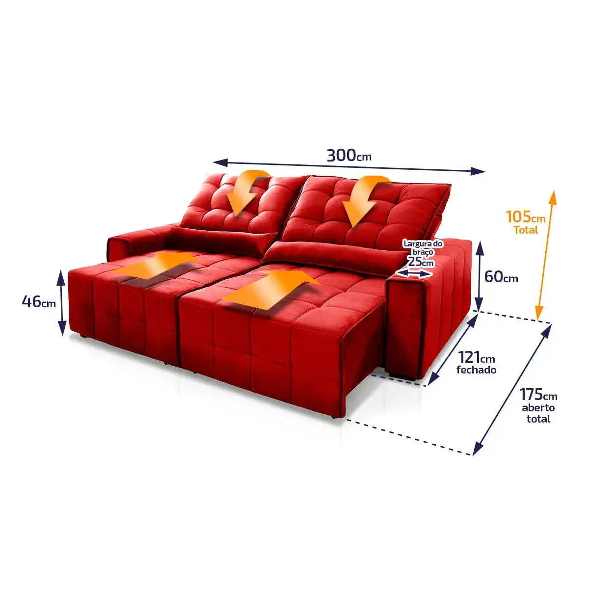 Sofá Retrátil Reclinável Alaska 3,00m Suede Velut Vermelho Molas no Assento