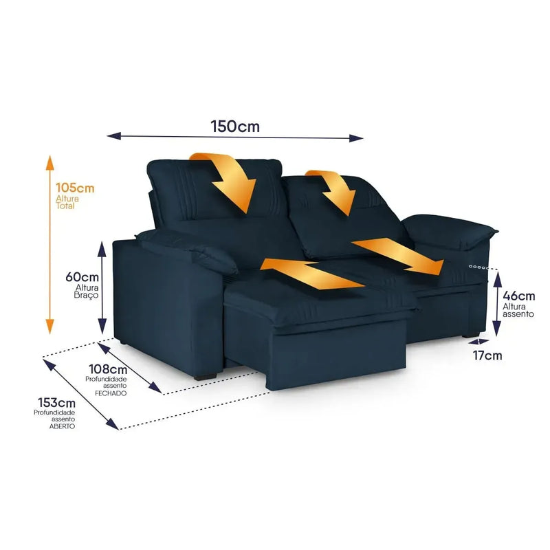 Sofá Retrátil Reclinável America 1,50m Suede Azul