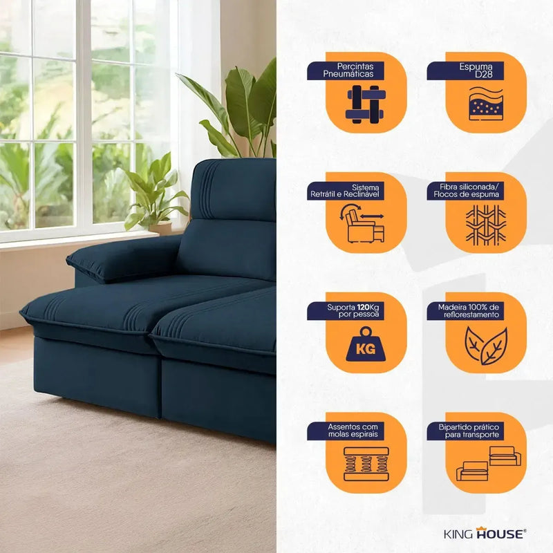 Sofá Retrátil Reclinável America 1,50m Suede Azul