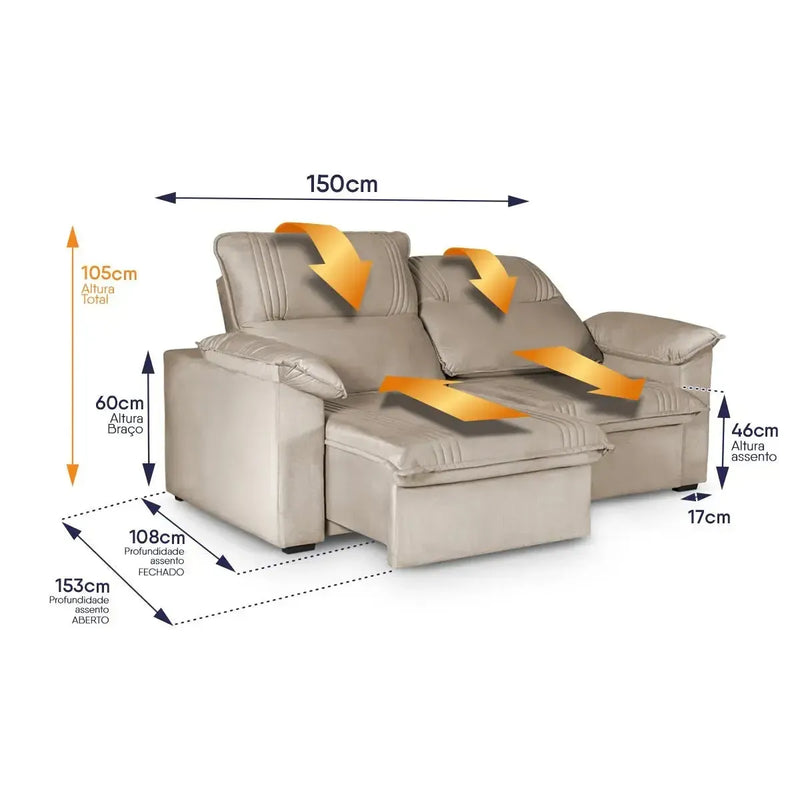 Sofá Retrátil Reclinável America 1,50m Suede Bege