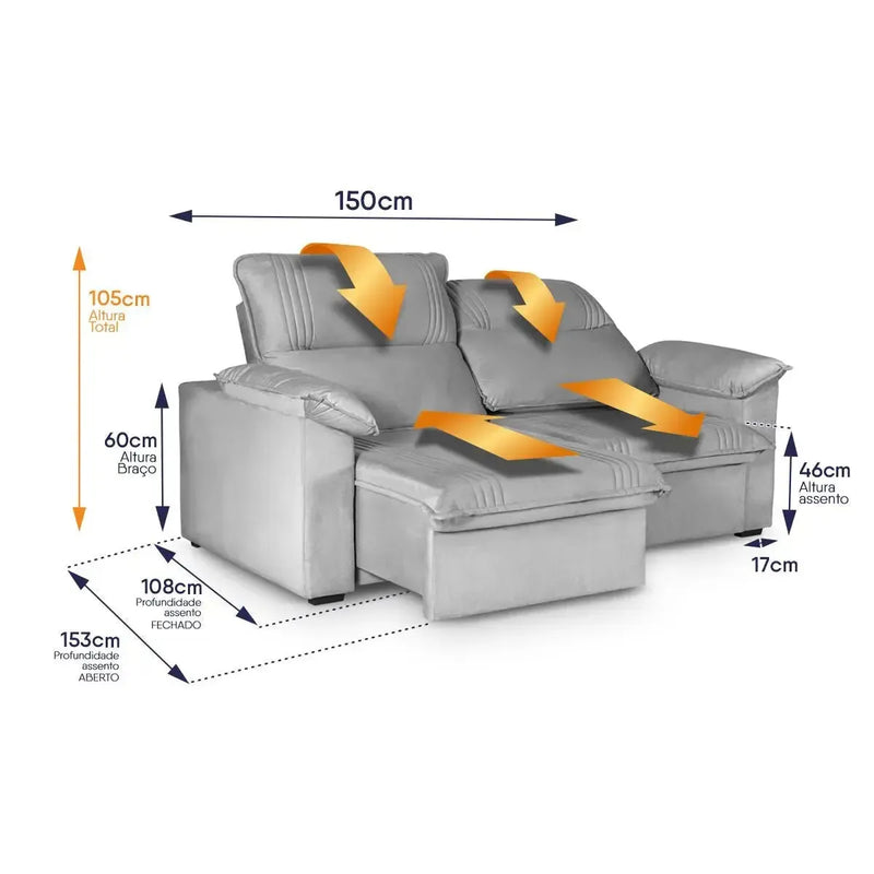 Sofá Retrátil Reclinável America 1,50m Suede Cinza