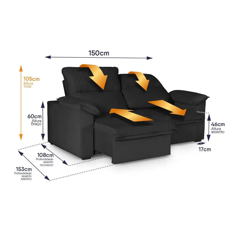 Sofá Retrátil Reclinável America 1,50m Suede Preto