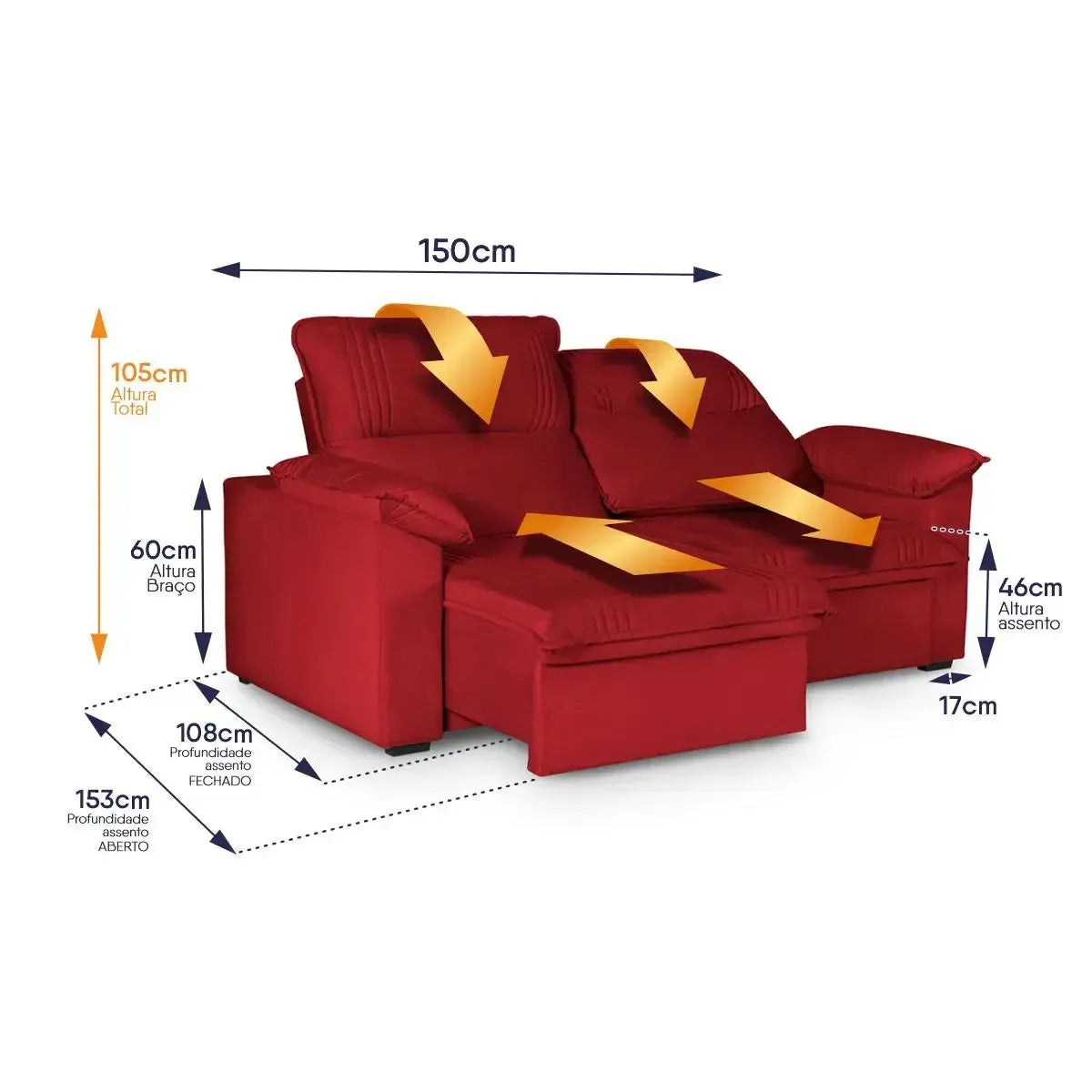 Sofá Retrátil Reclinável America 1,50m Suede Vermelho