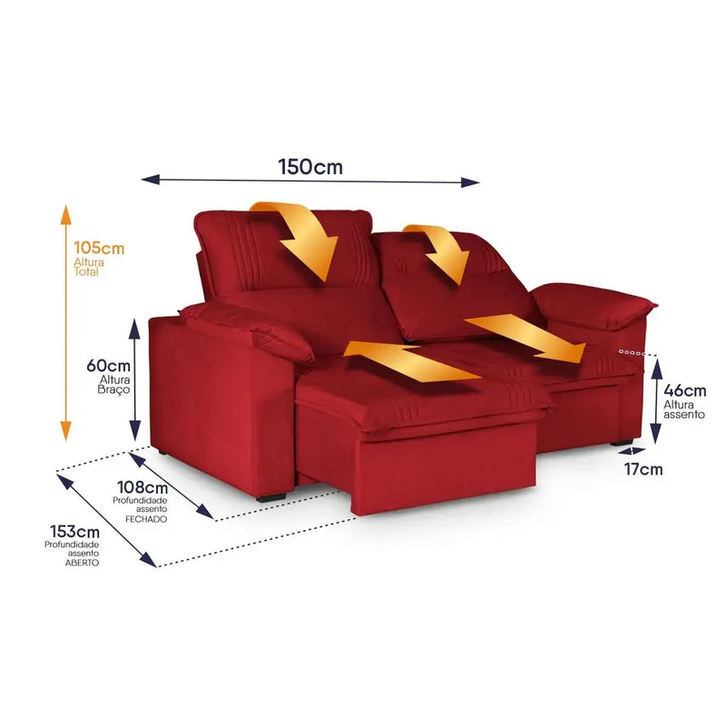 Sofá Retrátil Reclinável America 1,50m Suede Vermelho