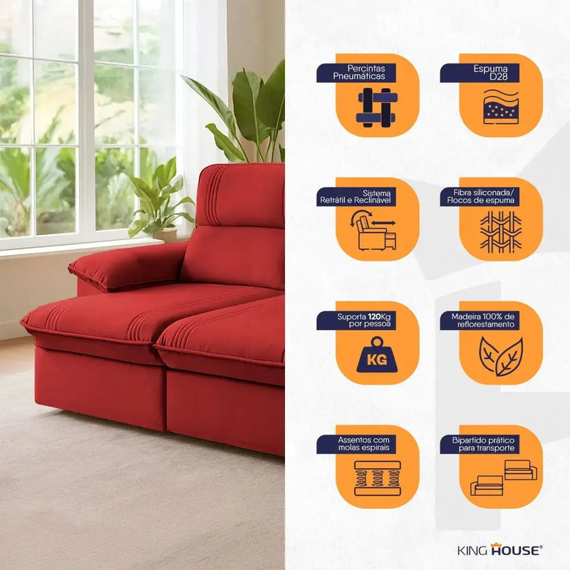 Sofá Retrátil Reclinável America 1,50m Suede Vermelho