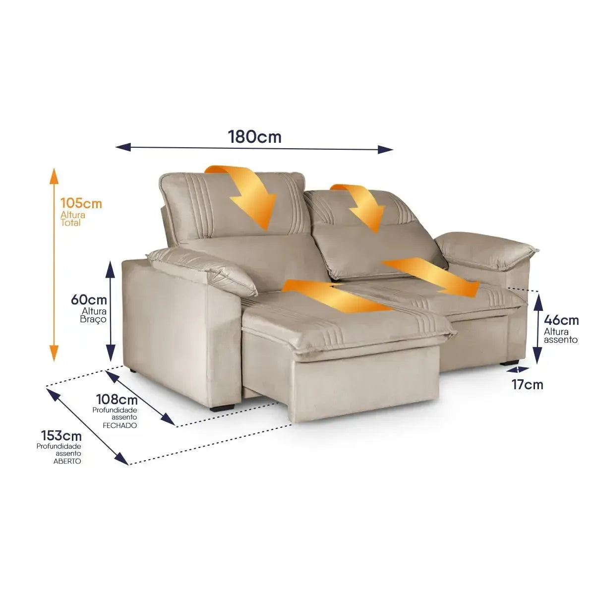 Sofá Retrátil Reclinável America 1,80m Suede Bege