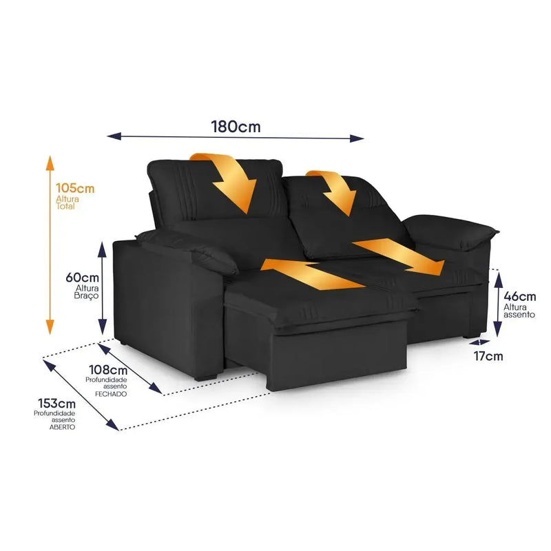 Sofá Retrátil Reclinável America 1,80m Suede Preto