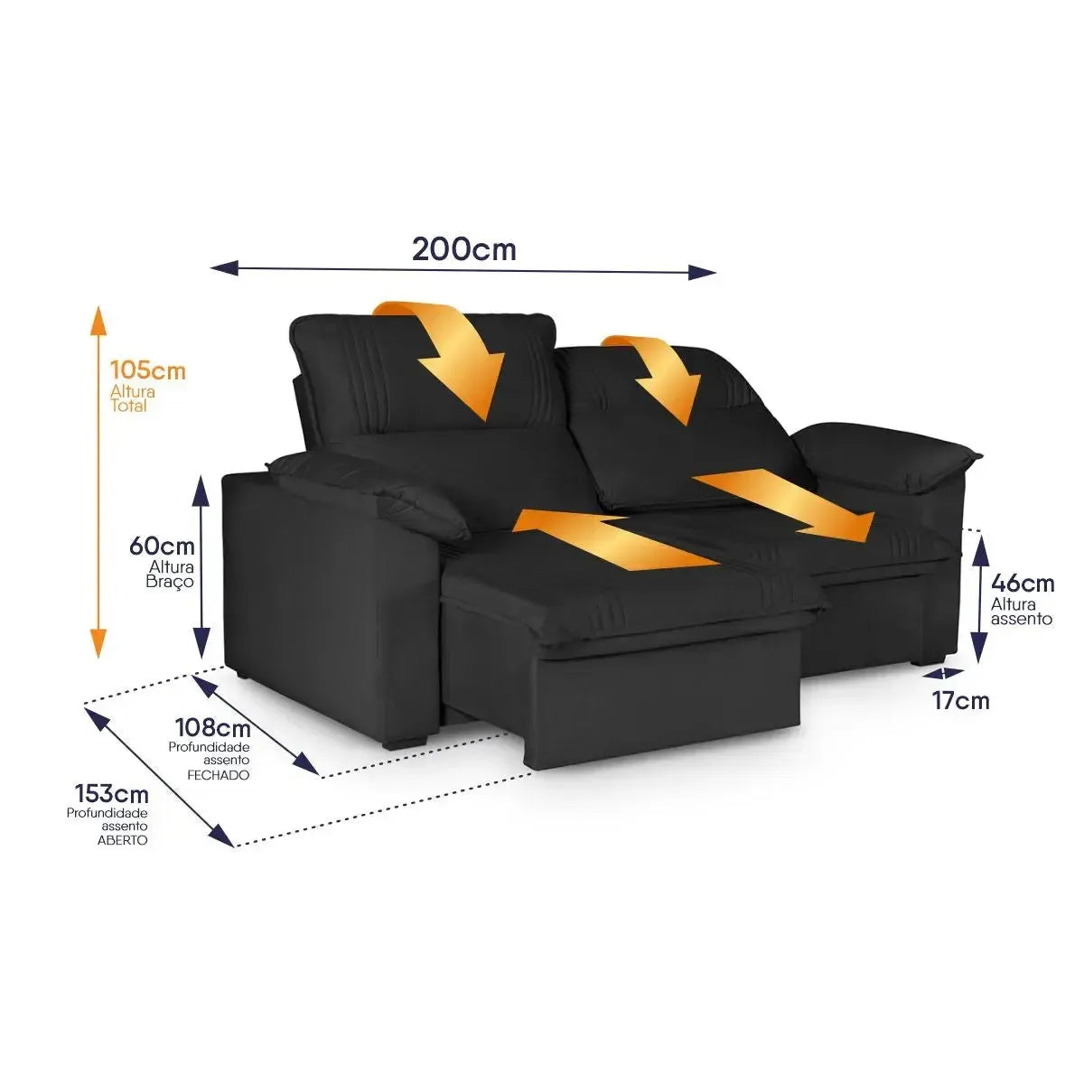 Sofá Retrátil Reclinável America 2,00m Suede Preto