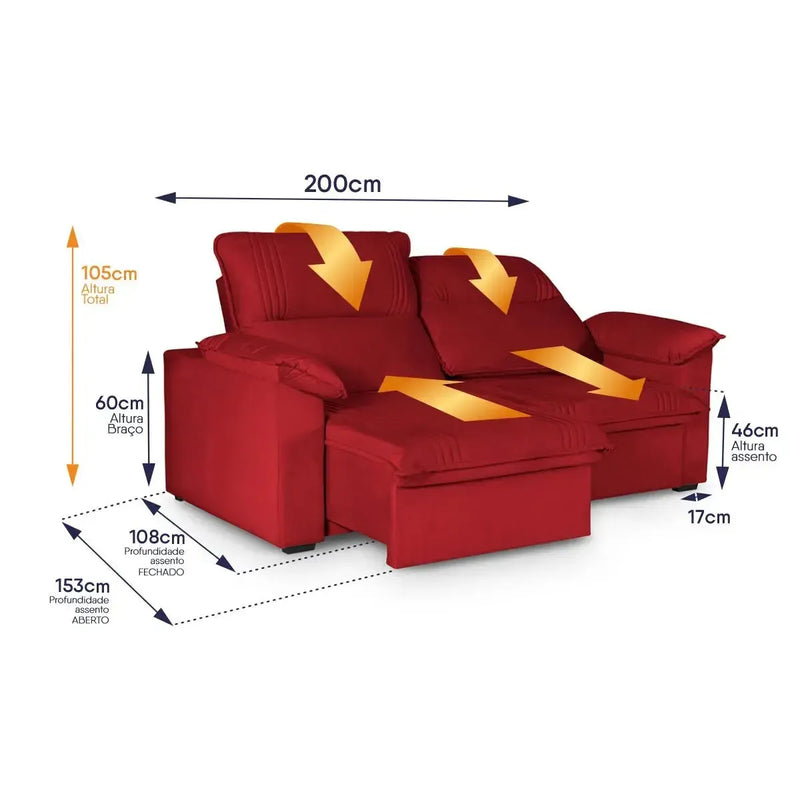 Sofá Retrátil Reclinável America 2,00m Suede Vermelho
