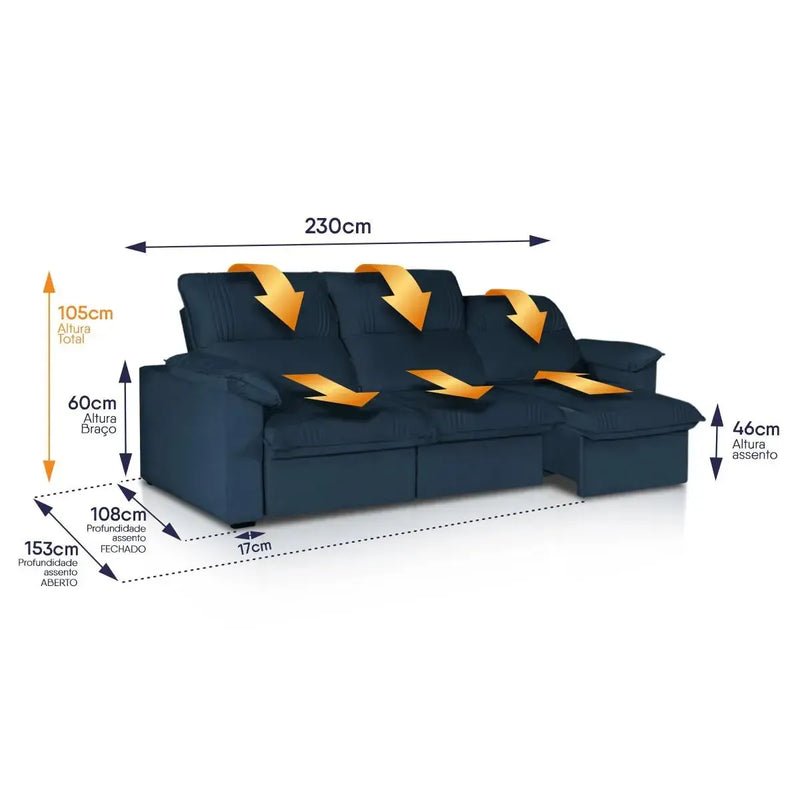 Sofá Retrátil Reclinável America 2,30m Suede Azul