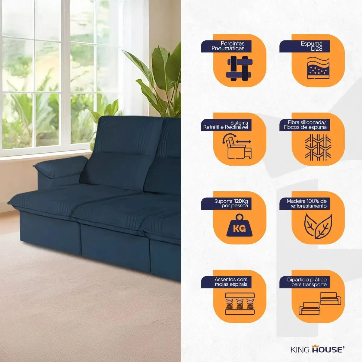 Sofá Retrátil Reclinável America 2,30m Suede Azul