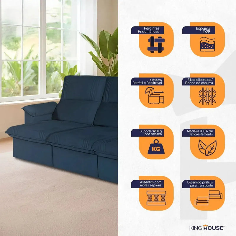 Sofá Retrátil Reclinável America 2,30m Suede Azul