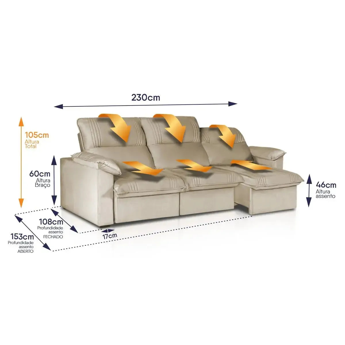 Sofá Retrátil Reclinável America 2,30m Suede Bege