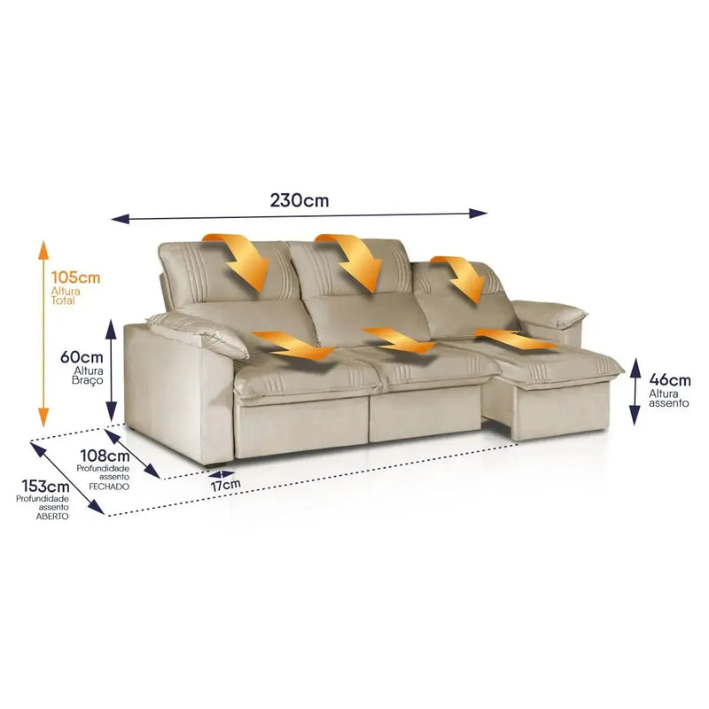 Sofá Retrátil Reclinável America 2,30m Suede Bege