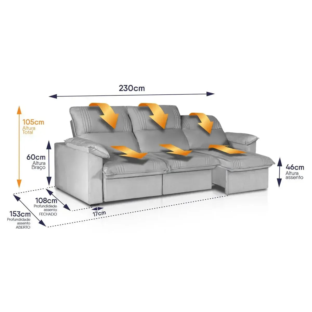 Sofá Retrátil Reclinável America 2,30m Suede Cinza