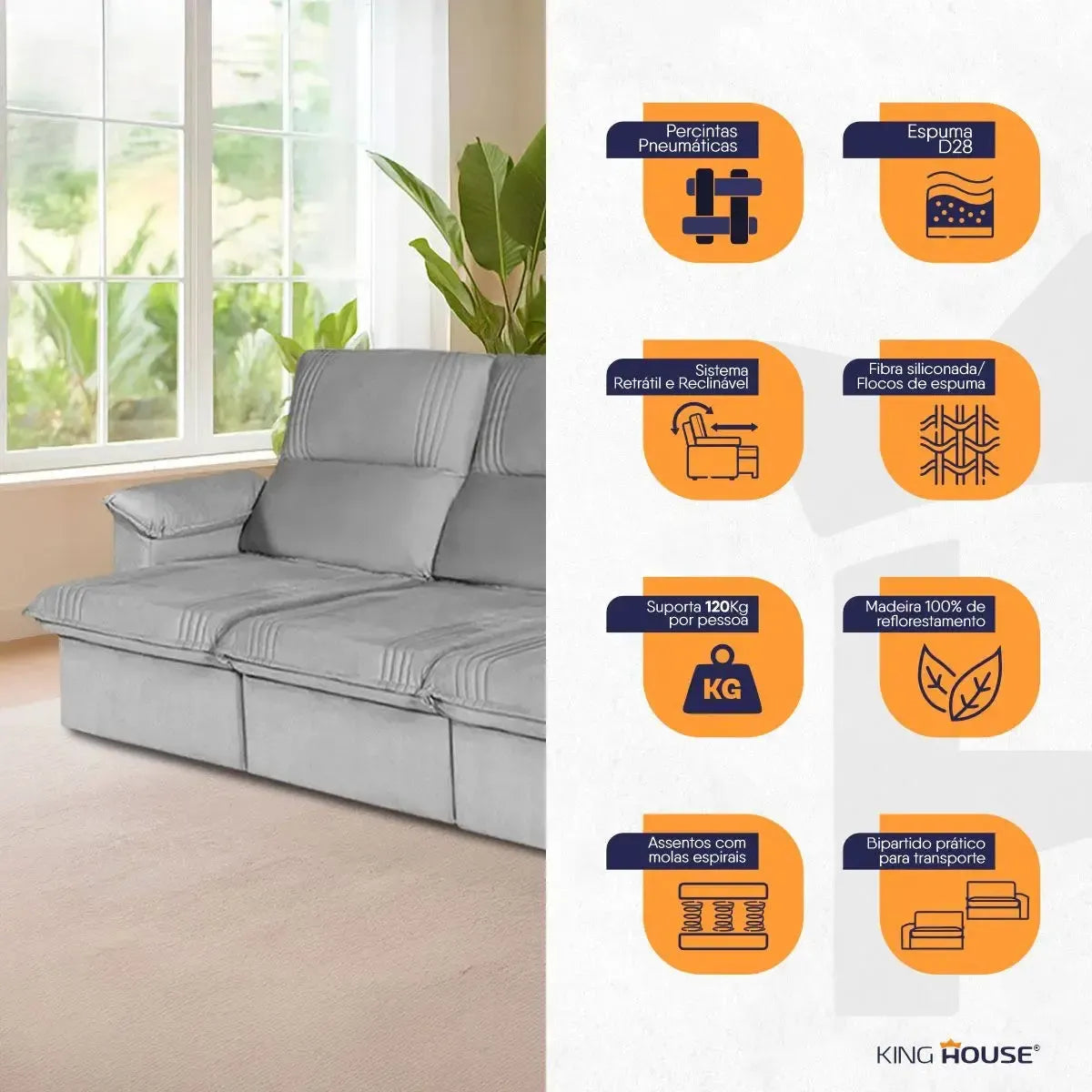 Sofá Retrátil Reclinável America 2,30m Suede Cinza