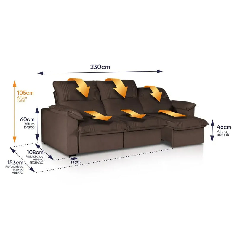 Sofá Retrátil Reclinável America 2,30m Suede Marrom