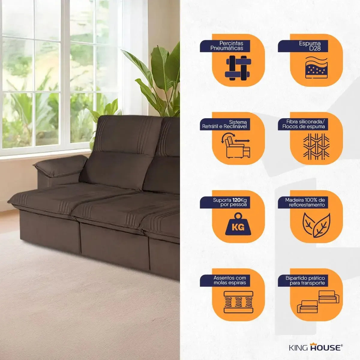 Sofá Retrátil Reclinável America 2,30m Suede Marrom