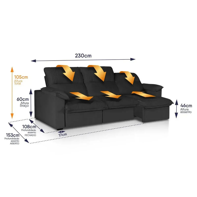 Sofá Retrátil Reclinável America 2,30m Suede Preto