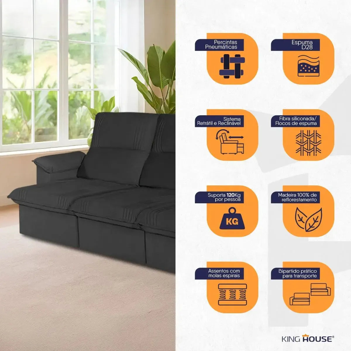 Sofá Retrátil Reclinável America 2,30m Suede Preto