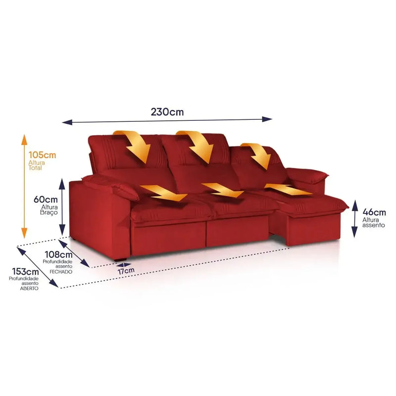 Sofá Retrátil Reclinável America 2,30m Suede Vermelho