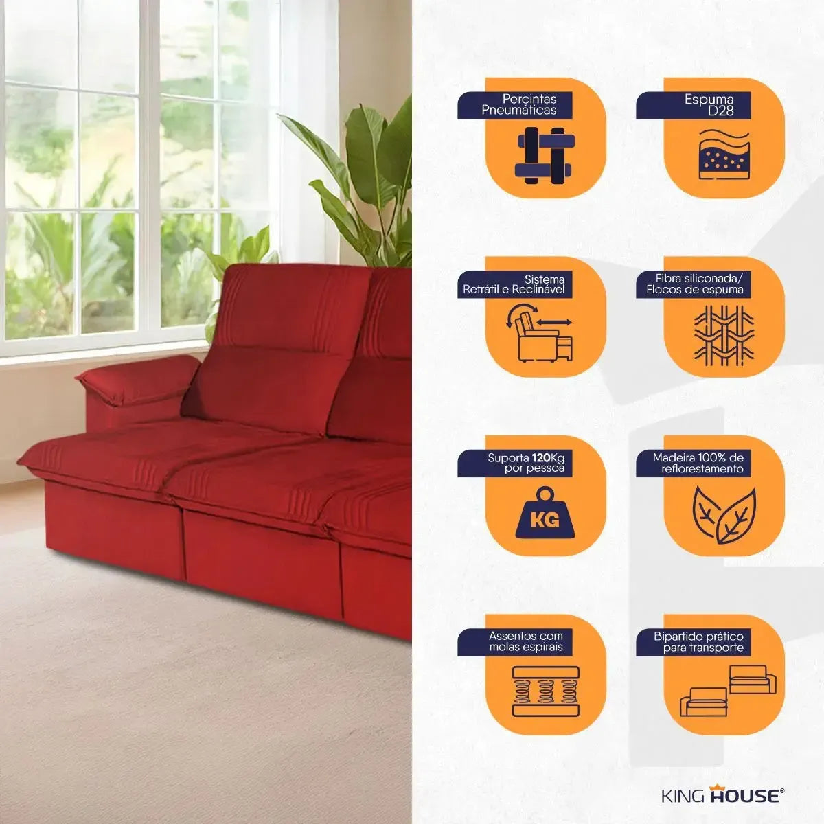 Sofá Retrátil Reclinável America 2,30m Suede Vermelho