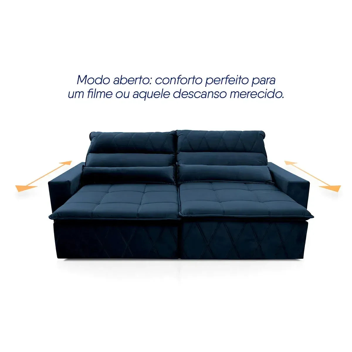 Sofá retrátil reclinável Amsterdam 2,10m em suede velut azul marinho, com assento estendido.